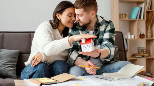 Photo of couple with model house in their hands illustrates blog: 'Homeowners Insurance: What Is Extended Replacement Cost?"