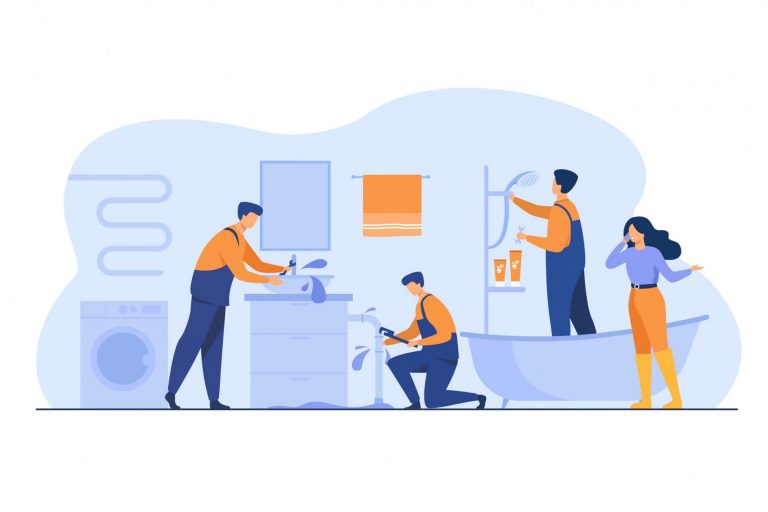 Image of woman in bathroom with plumbers illustrates blog "What Is Water Backup Coverage?"