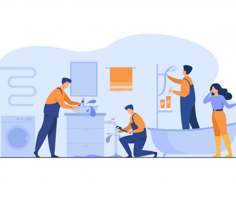 Image of woman in bathroom with plumbers illustrates blog "What Is Water Backup Coverage?"